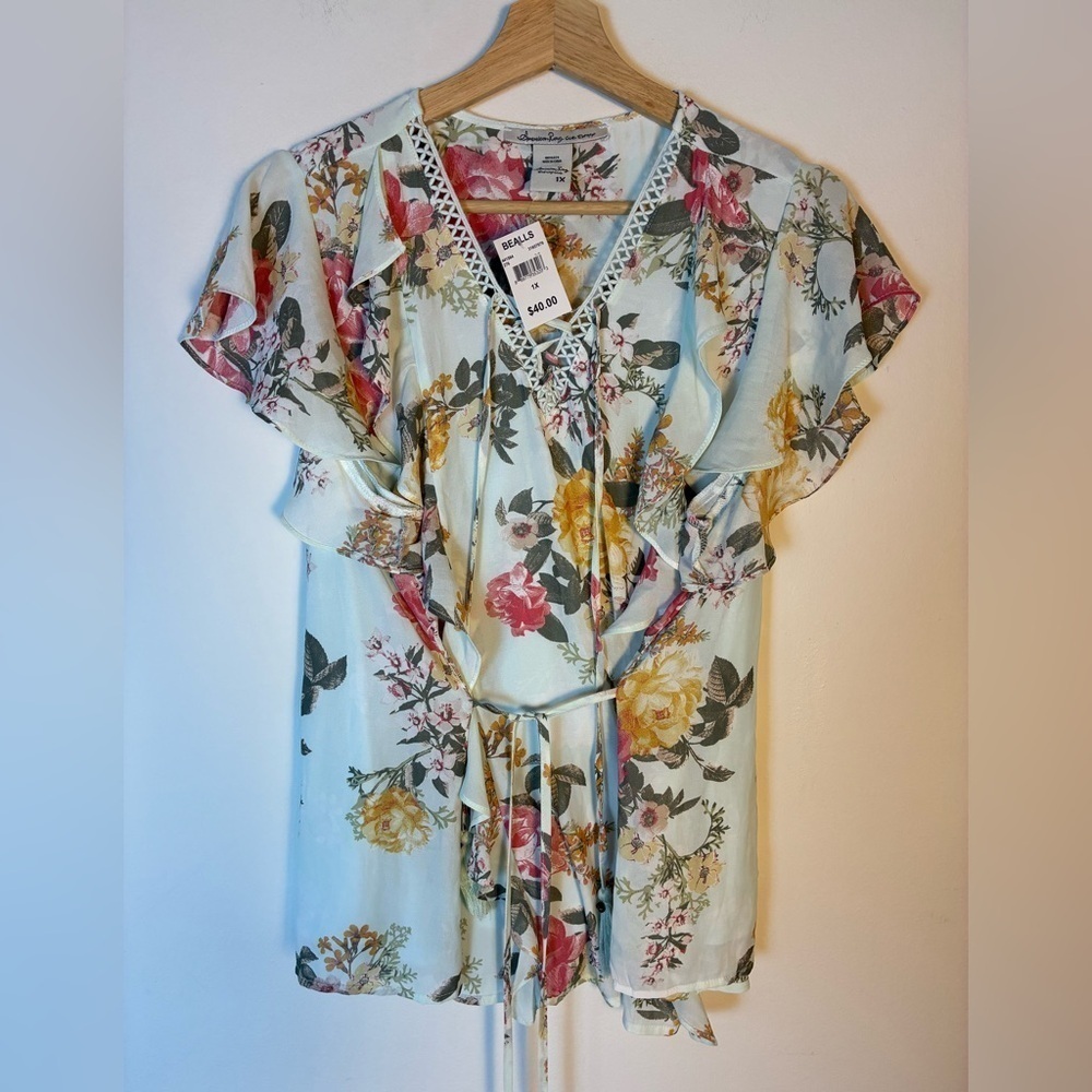 American Rag Top 1X Floral Lace Up Ruffle Flutter Sleeve Tasseled Tie Waist Boho